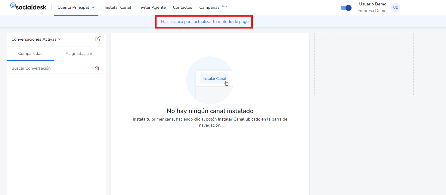 Aviso de método de pago en Socialdesk