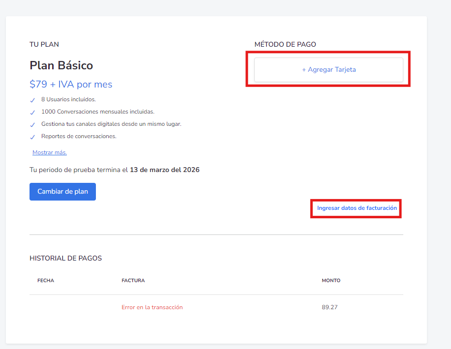 Formulario de método de pago en Socialdesk